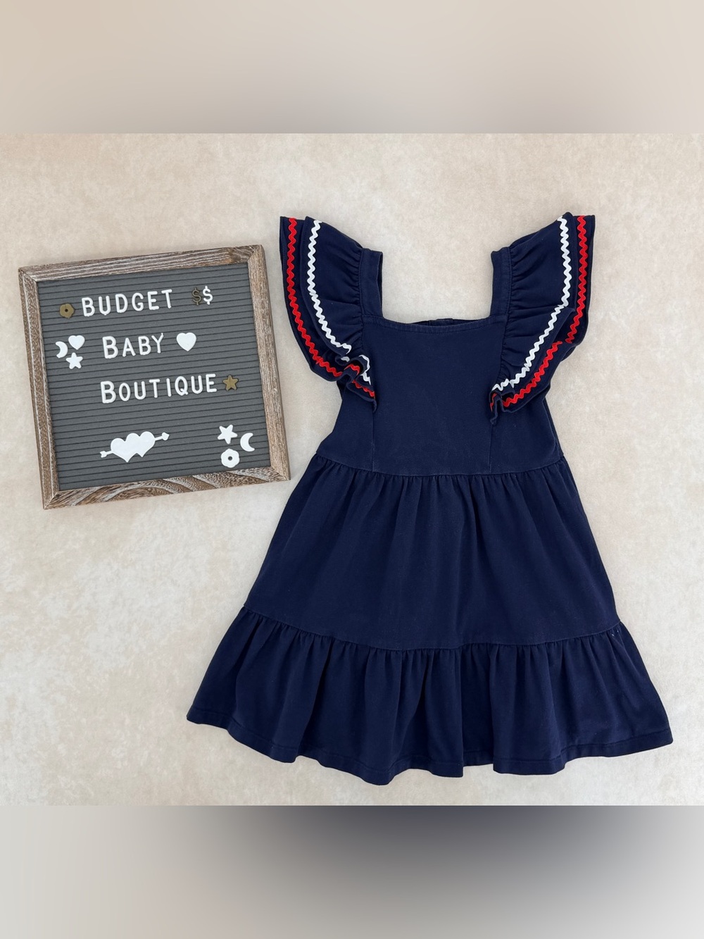 Janie and Jack Navy Dress with Red & White Trimmed Ruffle Sleeves